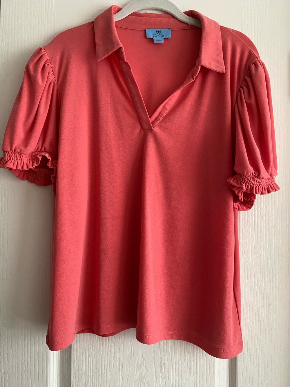 CeCe Coral Puff Sleeve Polo Top